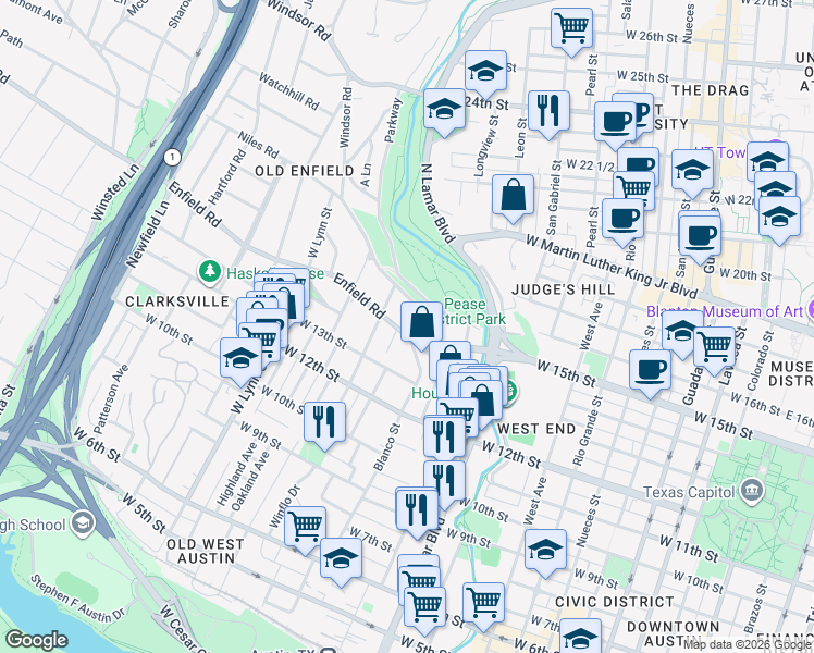 map of restaurants, bars, coffee shops, grocery stores, and more near 1504 Windsor Road in Austin