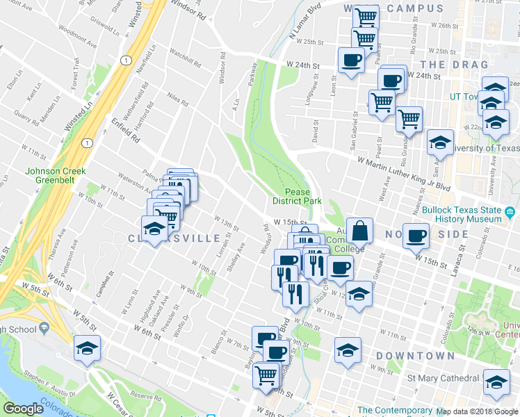 map of restaurants, bars, coffee shops, grocery stores, and more near 1504 Windsor Road in Austin
