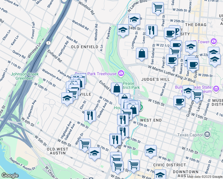 map of restaurants, bars, coffee shops, grocery stores, and more near 1504 Windsor Road in Austin
