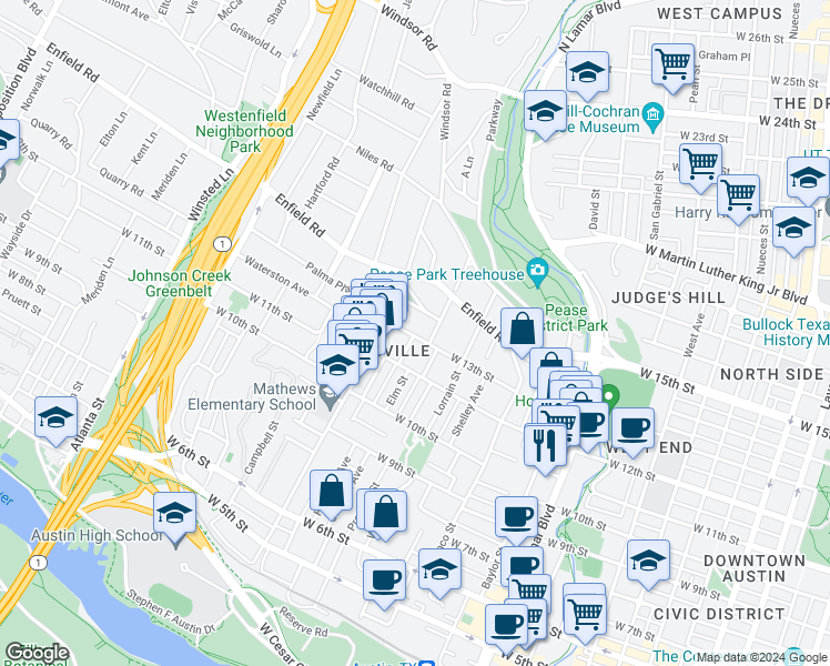 map of restaurants, bars, coffee shops, grocery stores, and more near 1200 Elm Street in Austin