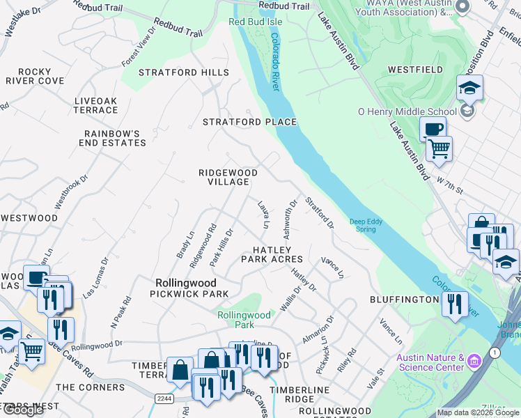 map of restaurants, bars, coffee shops, grocery stores, and more near 106 Laura Lane in Rollingwood