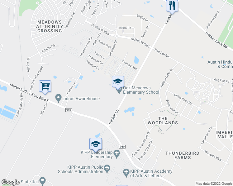 map of restaurants, bars, coffee shops, grocery stores, and more near 5600 Decker Lane in Austin