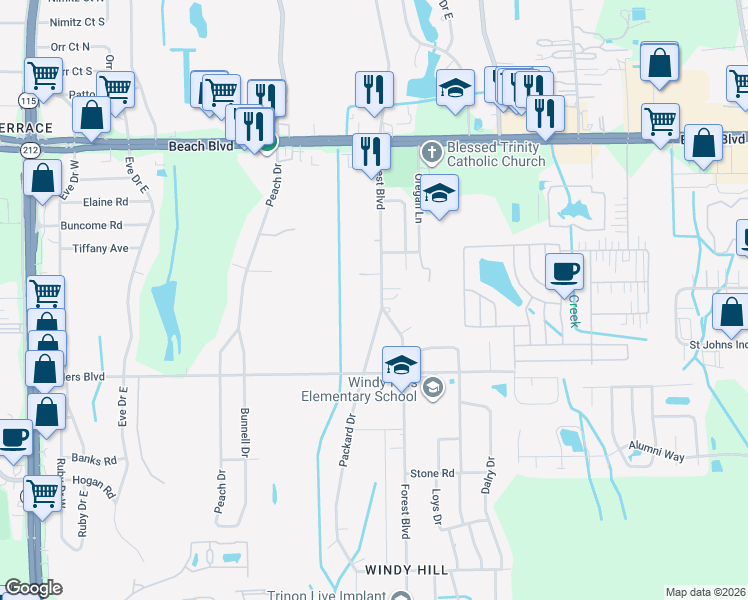 map of restaurants, bars, coffee shops, grocery stores, and more near 3638 Forest Boulevard in Jacksonville