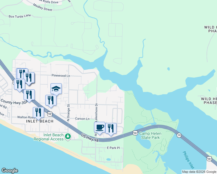 map of restaurants, bars, coffee shops, grocery stores, and more near 115 Earl Road in Panama City