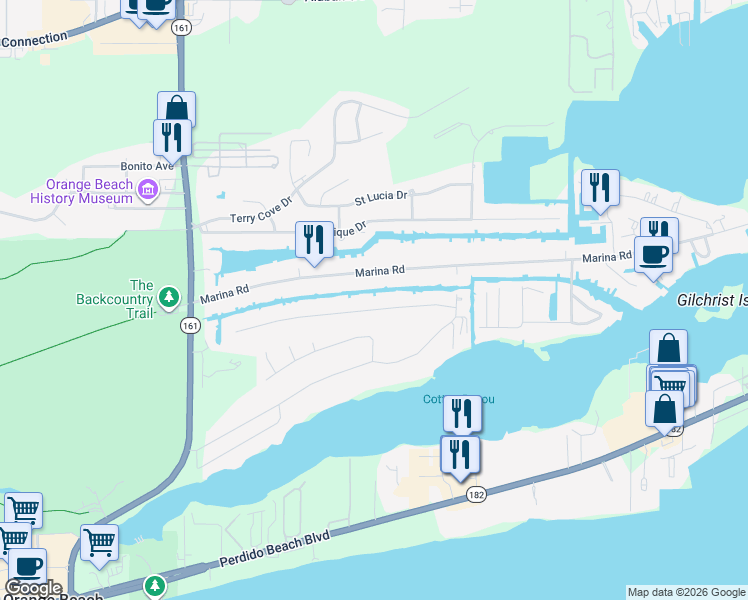 map of restaurants, bars, coffee shops, grocery stores, and more near 26459 Carondelette Drive in Orange Beach