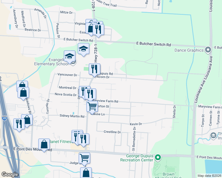 map of restaurants, bars, coffee shops, grocery stores, and more near 305 Maryview Farm Road in Lafayette