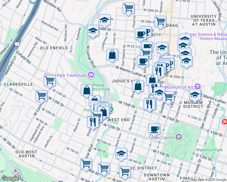 map of restaurants, bars, coffee shops, grocery stores, and more near 912 West 16th Street in Austin