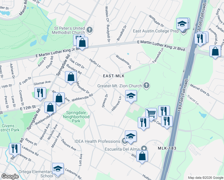 map of restaurants, bars, coffee shops, grocery stores, and more near 1734 Bunche Road in Austin