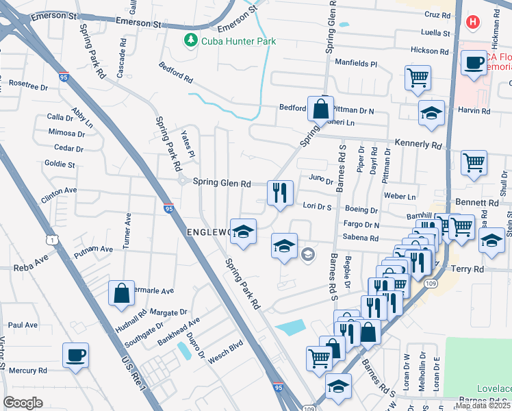 map of restaurants, bars, coffee shops, grocery stores, and more near 5123 Rosebay Terrace in Jacksonville