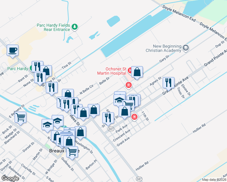 map of restaurants, bars, coffee shops, grocery stores, and more near 1017 Gary Drive in Breaux Bridge