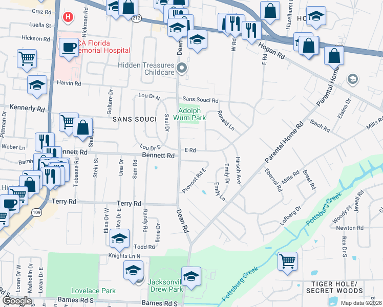 map of restaurants, bars, coffee shops, grocery stores, and more near 6721 Provost Road North in Jacksonville
