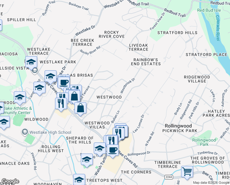 map of restaurants, bars, coffee shops, grocery stores, and more near 309 Blue Ridge Trail in Austin