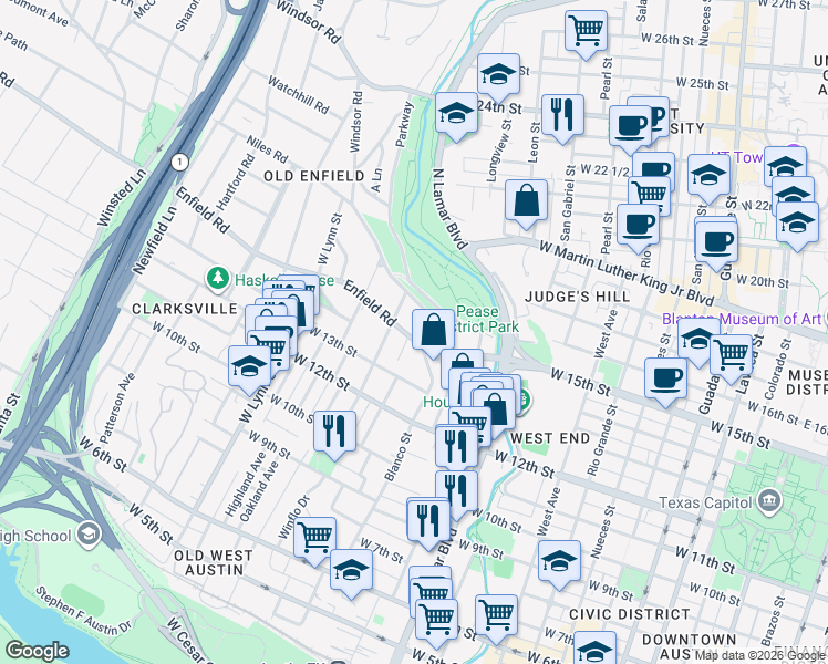map of restaurants, bars, coffee shops, grocery stores, and more near 1504 Windsor Road in Austin