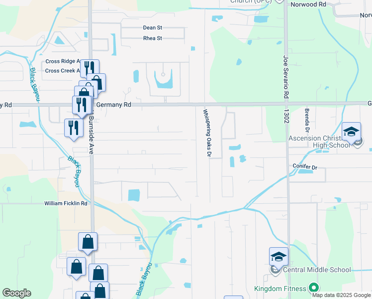 map of restaurants, bars, coffee shops, grocery stores, and more near 41260 Courtney Road in Gonzales