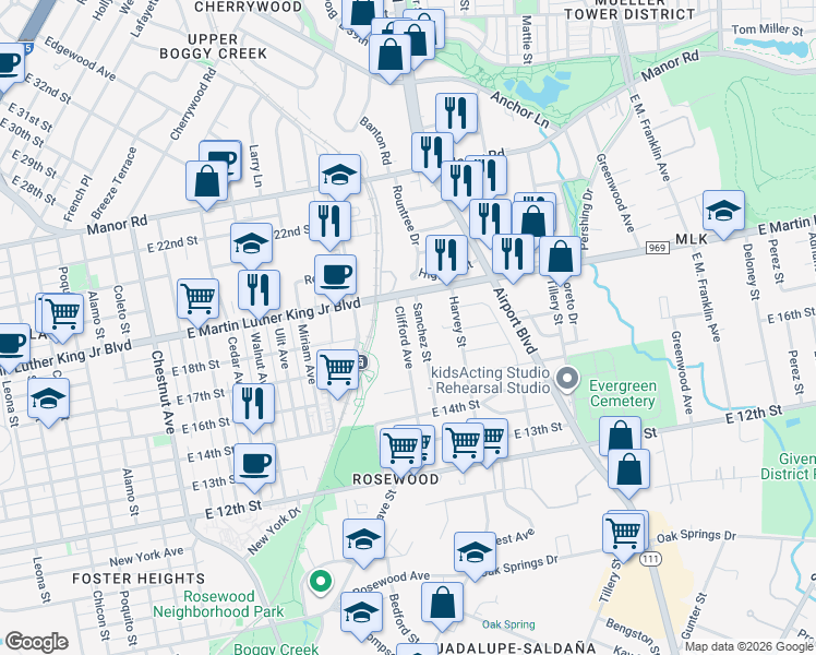 map of restaurants, bars, coffee shops, grocery stores, and more near 1706 Sanchez Street in Austin