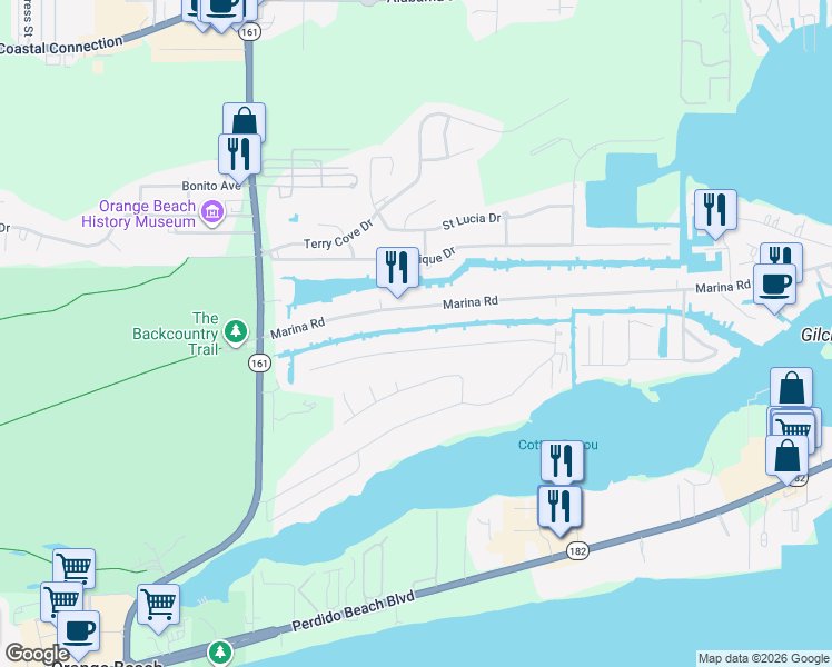 map of restaurants, bars, coffee shops, grocery stores, and more near 26357 Carondelette Drive in Orange Beach