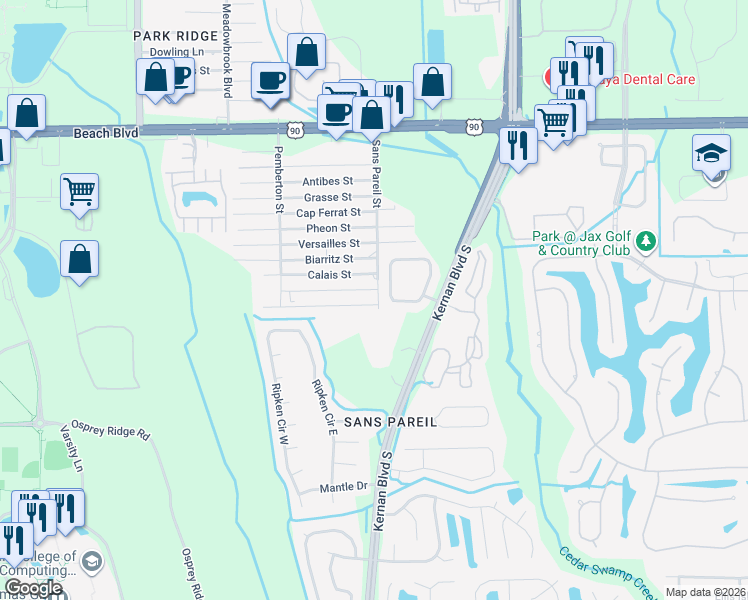 map of restaurants, bars, coffee shops, grocery stores, and more near 3920 Sans Pareil Street in Jacksonville
