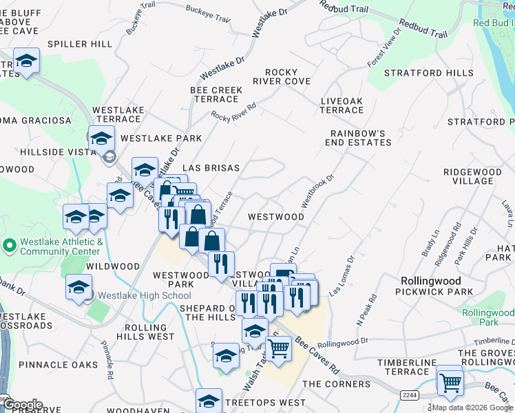map of restaurants, bars, coffee shops, grocery stores, and more near 308 Briarwood Trail in Austin
