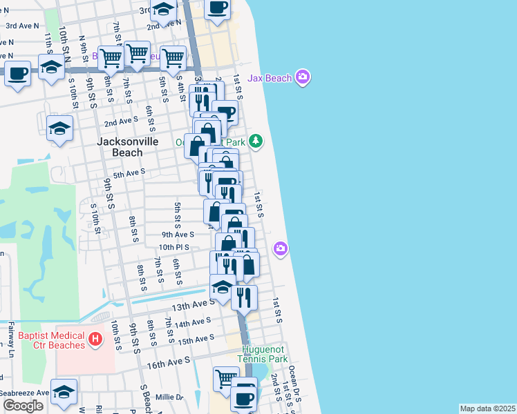 map of restaurants, bars, coffee shops, grocery stores, and more near 119 9th Avenue South in Jacksonville Beach