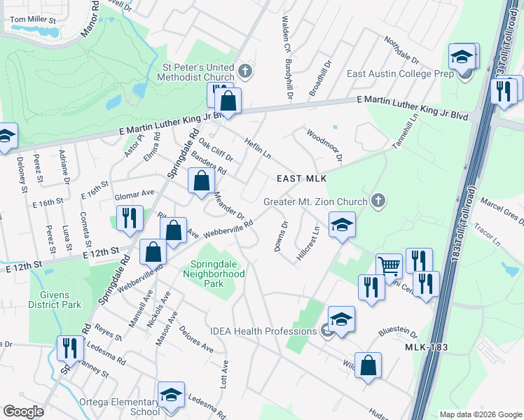 map of restaurants, bars, coffee shops, grocery stores, and more near 1615 1/2 Webberville Road in Austin