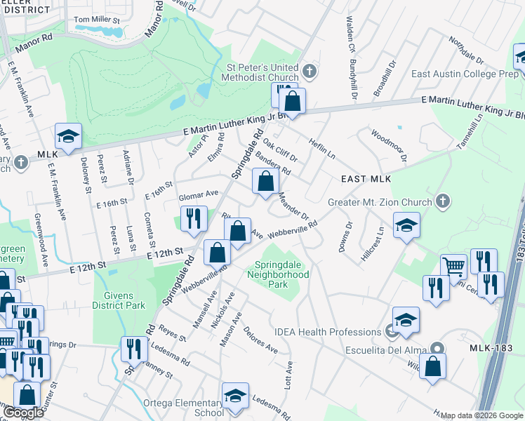 map of restaurants, bars, coffee shops, grocery stores, and more near 1400 North Redondo Drive in Austin