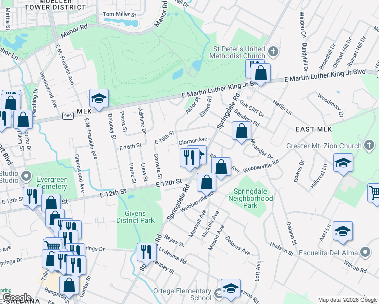 map of restaurants, bars, coffee shops, grocery stores, and more near 1308 Springdale Road in Austin