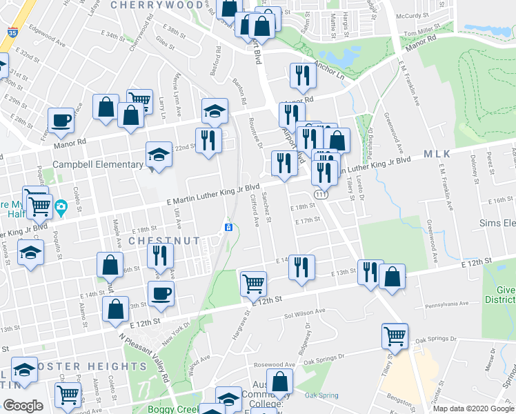 map of restaurants, bars, coffee shops, grocery stores, and more near 1706 Sanchez Street in Austin