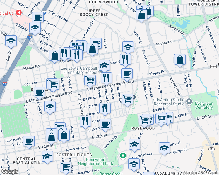 map of restaurants, bars, coffee shops, grocery stores, and more near 1807 Walnut Avenue in Austin