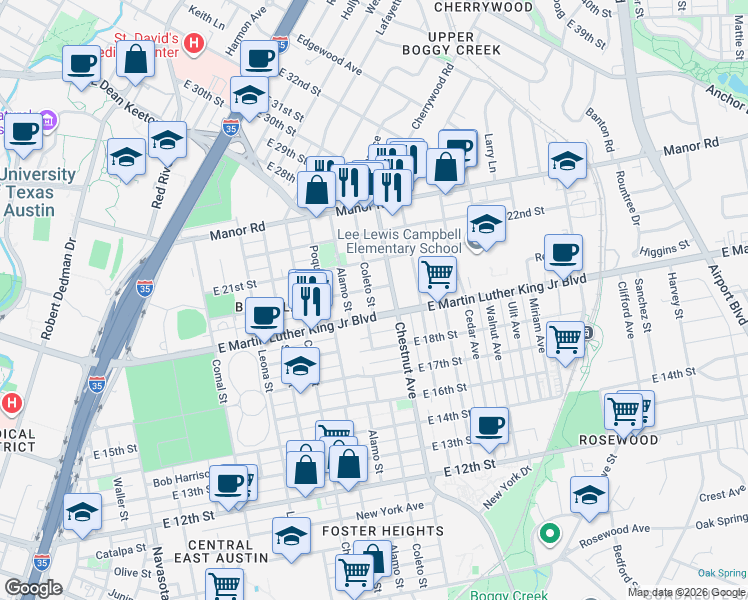 map of restaurants, bars, coffee shops, grocery stores, and more near in Austin