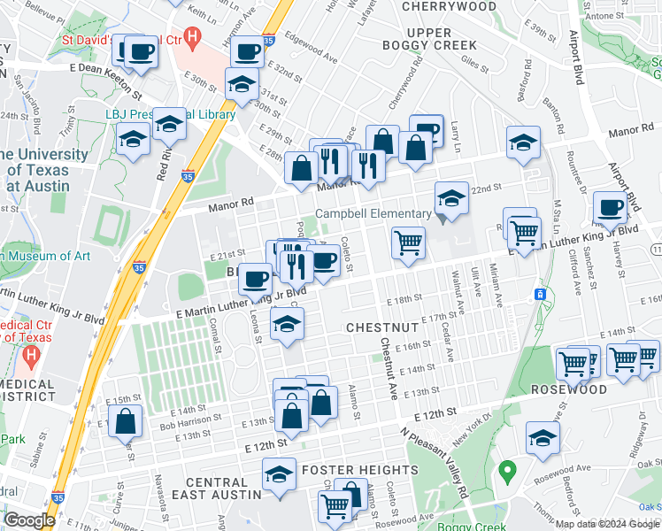 map of restaurants, bars, coffee shops, grocery stores, and more near 2102 East Martin Luther King Junior Boulevard in Austin