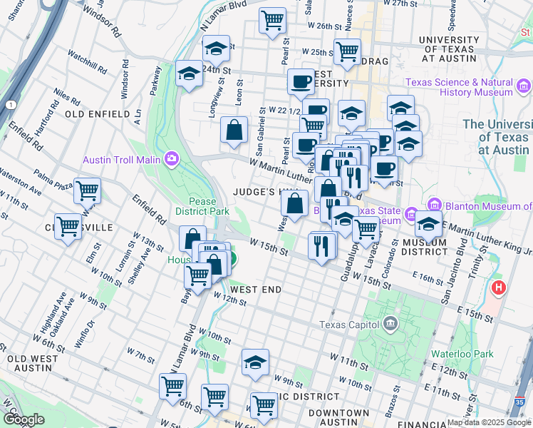 map of restaurants, bars, coffee shops, grocery stores, and more near 806 West 16th Street in Austin
