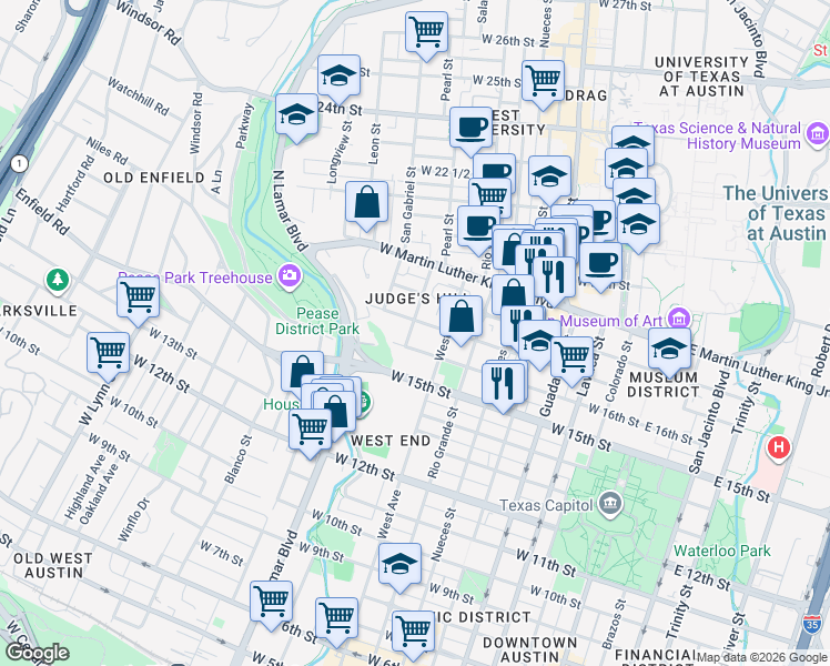 map of restaurants, bars, coffee shops, grocery stores, and more near 806 West 16th Street in Austin