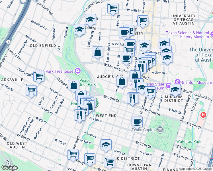 map of restaurants, bars, coffee shops, grocery stores, and more near 912 West 16th Street in Austin