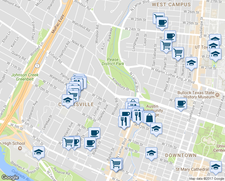 map of restaurants, bars, coffee shops, grocery stores, and more near 1504 Windsor Road in Austin