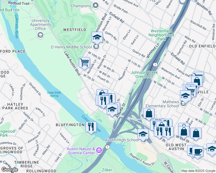 map of restaurants, bars, coffee shops, grocery stores, and more near 700 Meriden Lane in Austin