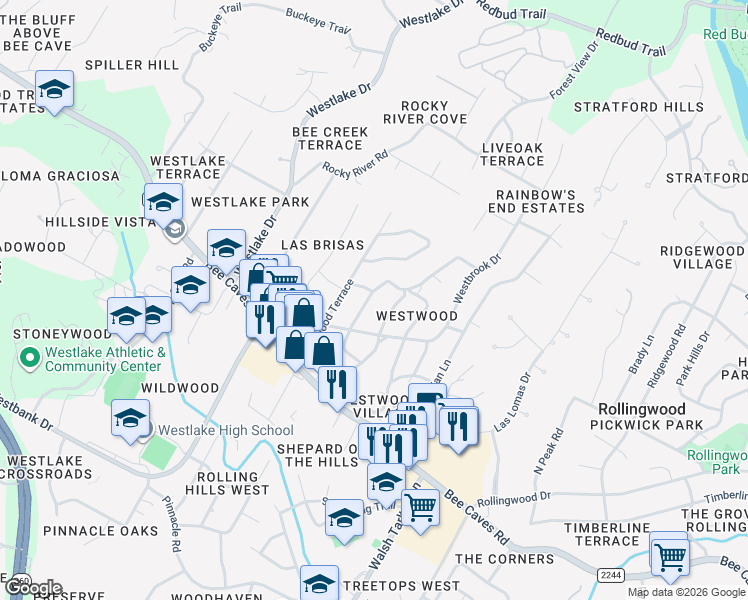 map of restaurants, bars, coffee shops, grocery stores, and more near 305 Laurelwood Trail in Austin
