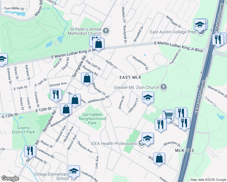 map of restaurants, bars, coffee shops, grocery stores, and more near 1615 1/2 Webberville Road in Austin