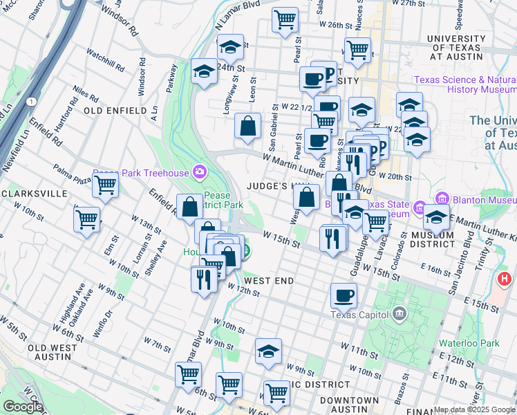 map of restaurants, bars, coffee shops, grocery stores, and more near 912 West 16th Street in Austin