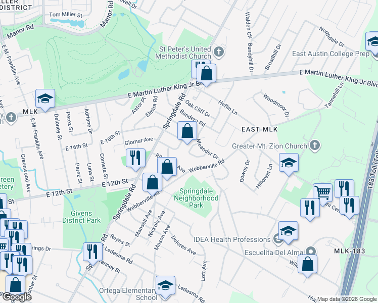 map of restaurants, bars, coffee shops, grocery stores, and more near 1400 North Redondo Drive in Austin