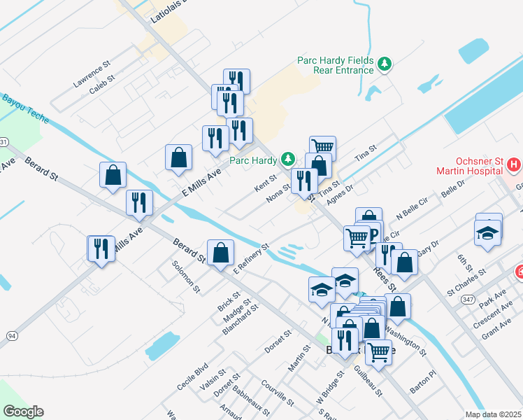 map of restaurants, bars, coffee shops, grocery stores, and more near 416-418 Periou Street in Breaux Bridge
