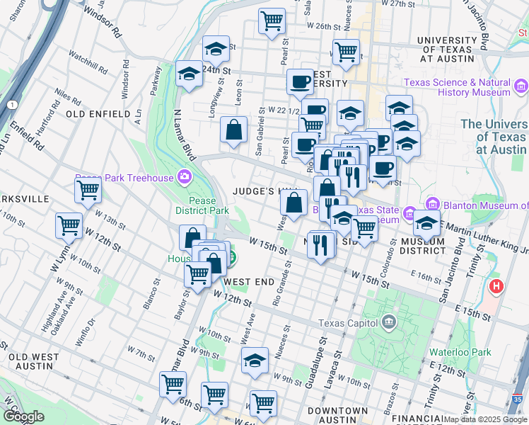 map of restaurants, bars, coffee shops, grocery stores, and more near 806 West 16th Street in Austin