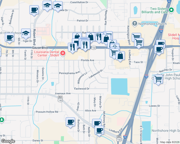 map of restaurants, bars, coffee shops, grocery stores, and more near 1513 Wildwood Lane in Slidell