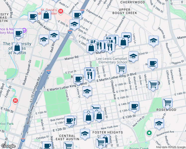 map of restaurants, bars, coffee shops, grocery stores, and more near Poquito St & E 20th St in Austin