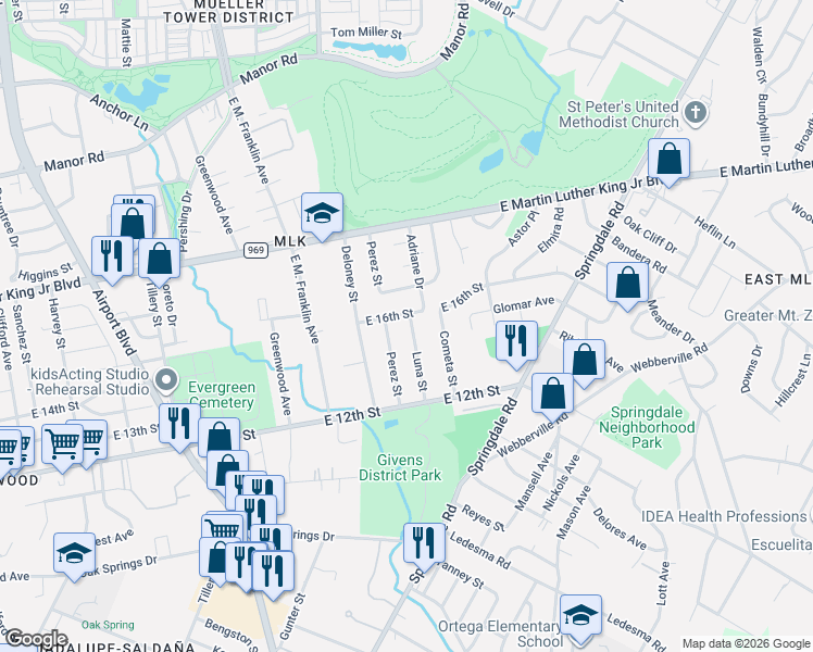 map of restaurants, bars, coffee shops, grocery stores, and more near 1403 Perez Street in Austin