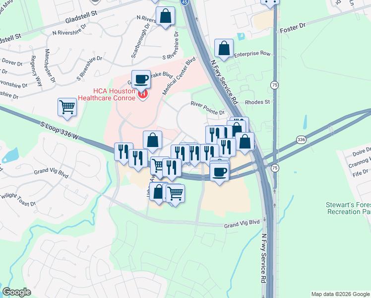 map of restaurants, bars, coffee shops, grocery stores, and more near 1600 River Pointe Drive in Conroe
