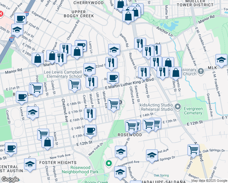 map of restaurants, bars, coffee shops, grocery stores, and more near 2823 East Martin Luther King Junior Boulevard in Austin