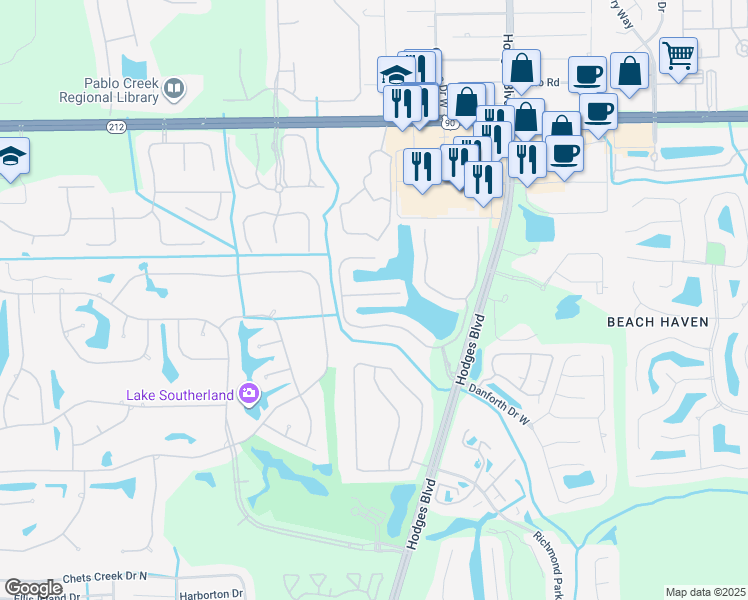 map of restaurants, bars, coffee shops, grocery stores, and more near 13517 Isla Vista Drive in Jacksonville