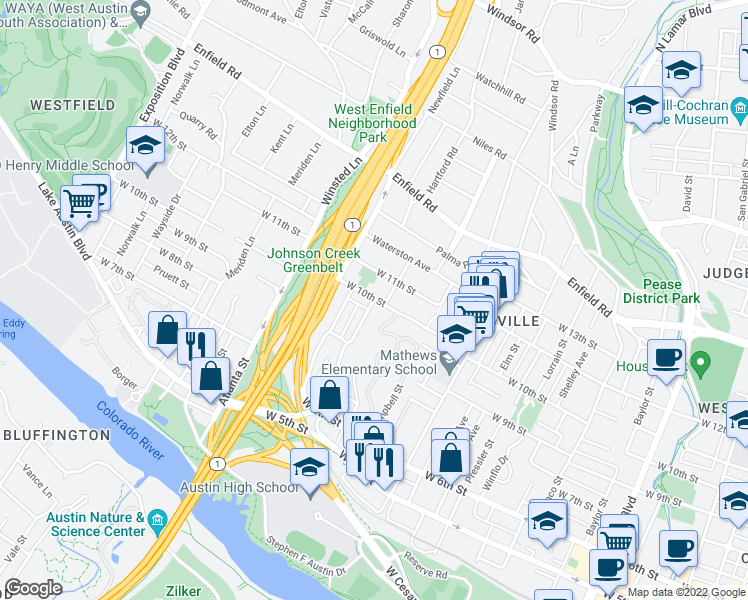 map of restaurants, bars, coffee shops, grocery stores, and more near W 10th St & Patterson Ave in Austin