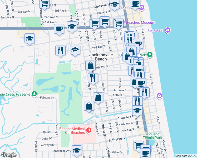map of restaurants, bars, coffee shops, grocery stores, and more near 726 8th Street South in Jacksonville Beach