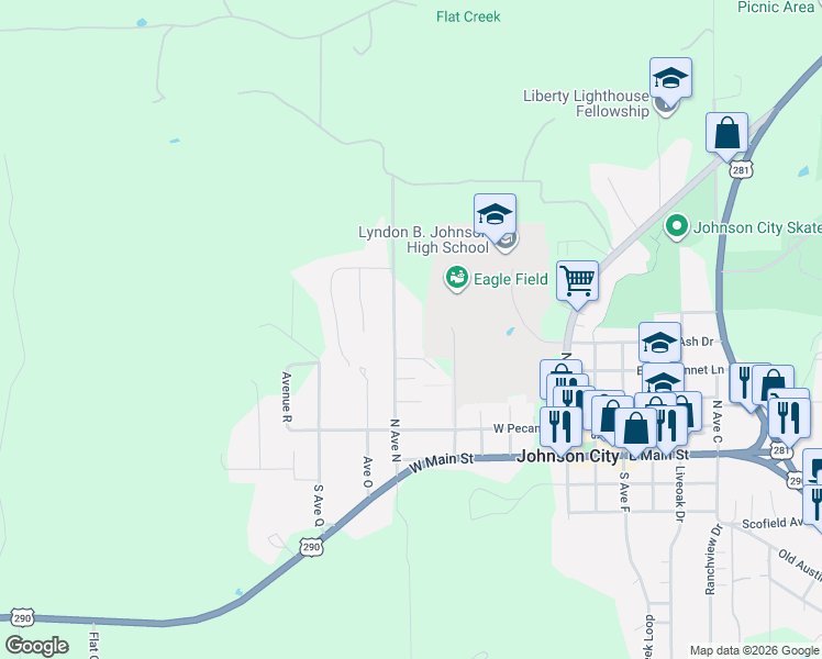map of restaurants, bars, coffee shops, grocery stores, and more near 602 East Ash in Johnson City